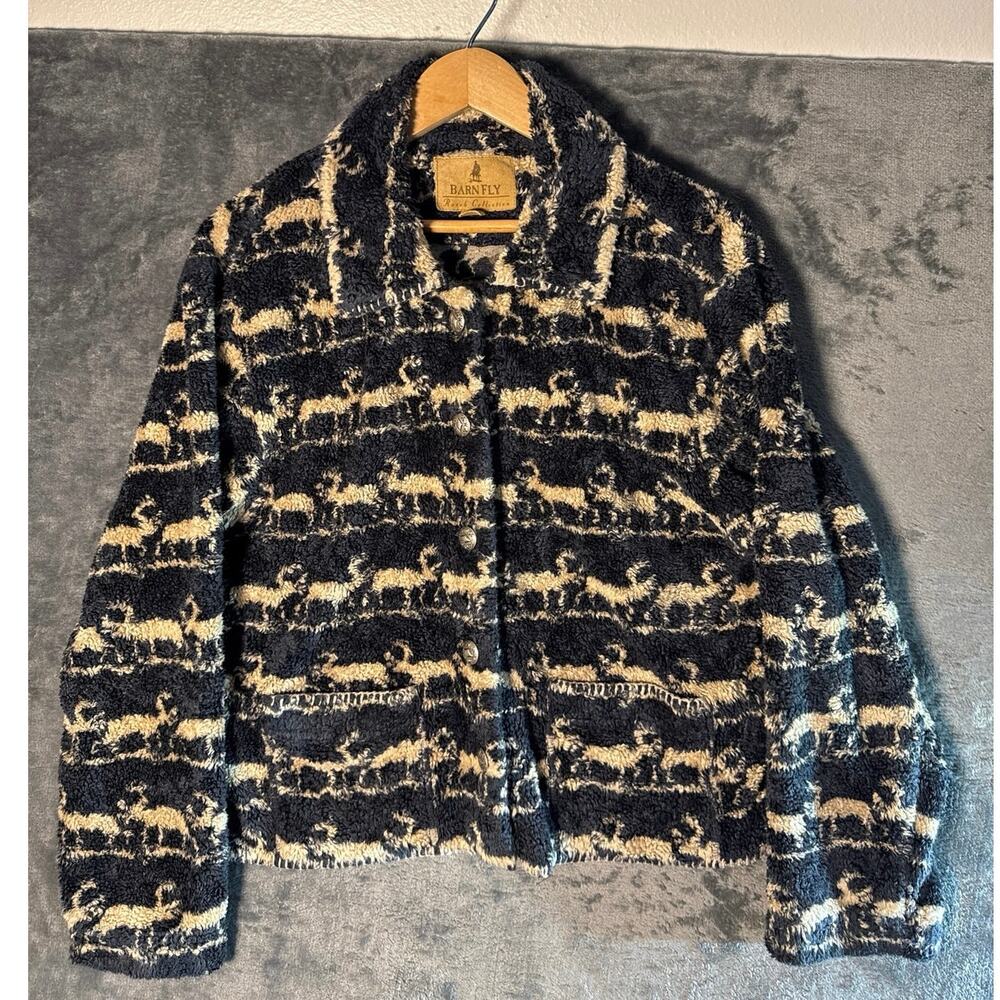Vtg 90s Barn Fly Ranch Collection Reindeer Fleece Jacket L Made in USA Western